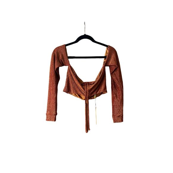 NWT Meshki Women's Rose Ruched Front Off The Shoulder Top Shimmer Orange Size M - Picture 1 of 11